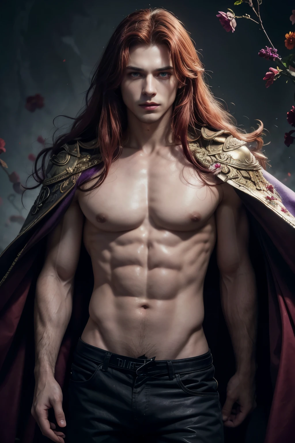 (8k,photorrealistic　RAW photograph　Maximum quality;1.4) (1 Italian boy) Super handsome prince of the underworld　(lifelike face) 　(red hair mixed with purple,  long hair in the wind)　slenderbody　Muscular and macho　large blue eyes　Red aristocratic suit mixed with purple　flower decoration 　Fangs peeking out of the mouth　Pointed claws　a seductive gaze　Beautiful expression　A hyper-realistic　(King of the Underworld)　appealing　(real looking skin)　super high resolution　high détail　Luxury red pants mixed with purple　Aura of flowers emanating from the body　red cloak effect mixed with purple 