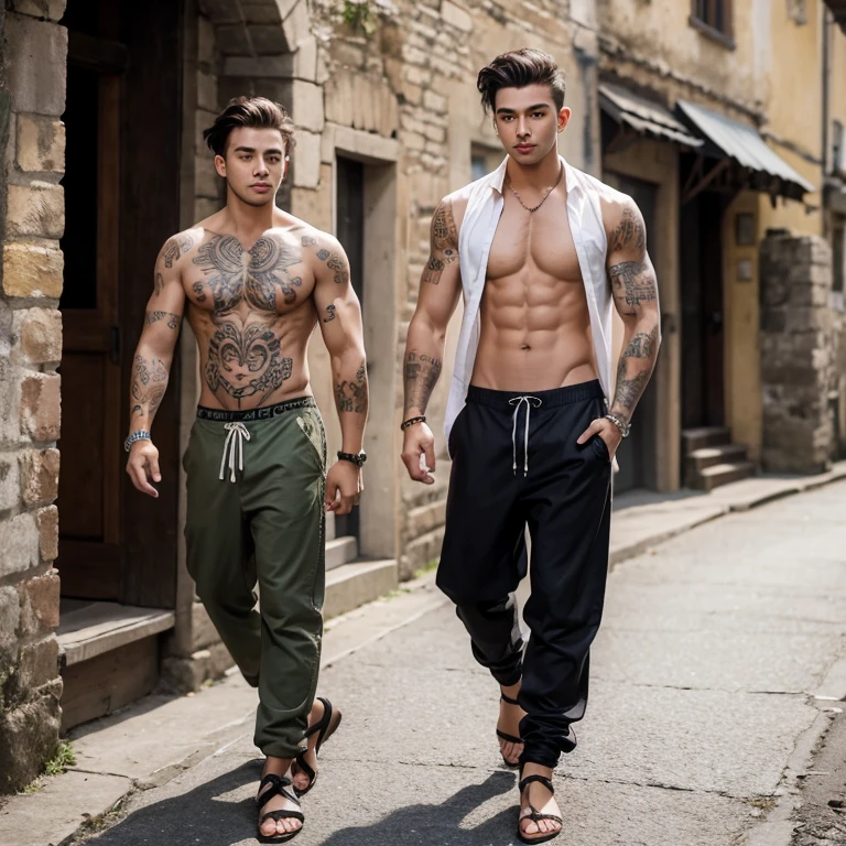 ung man, brunette skin, medium hair, open shirt, exposed chest, defined muscles, tribal tattoo on the arm, long pants, booties, greeneyes, fully body, medieval village
