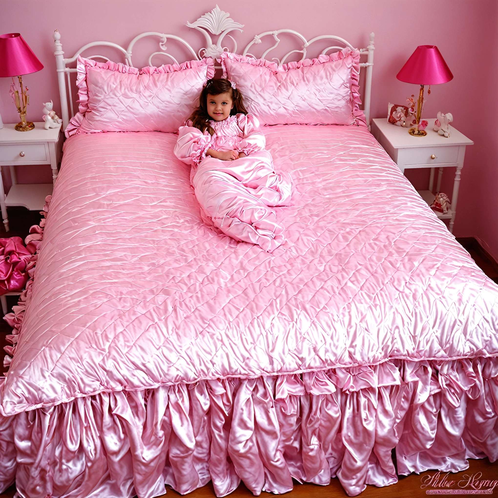 A sissy girl , a plump quilted silk satin nightgown, long sleeves,frilled sleeves,children's mittens without fingers, a bed with a mountain of silk satin pillows,sissy canopy bed,king size bed,more big bed,lot of frilled pink pillows,more pillows, A plump qulited silk satin pink devet,ruffles lace silk.retro white pipe bed frame, A large silk satin ruffled duvet covers the entire bed, 