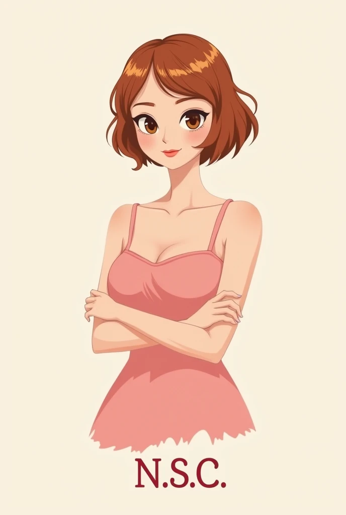 crea un logotipo de una chica cabello corto hasta los hombros cobrizo, skinny girl arms crossed light brown eyes, thin face, in pink dress, put initials below N.s.c. in capital letters