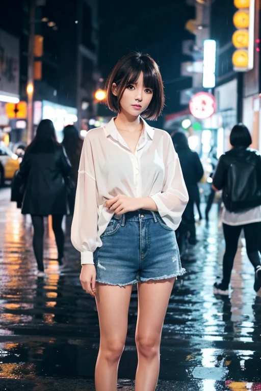 Beautiful woman、Japanese、Standing in the city at night、Heavy rain、White blouse、Shorts、short hair、Your hair and blouse are very wet、A lonely look、Photorealistic、High definition
