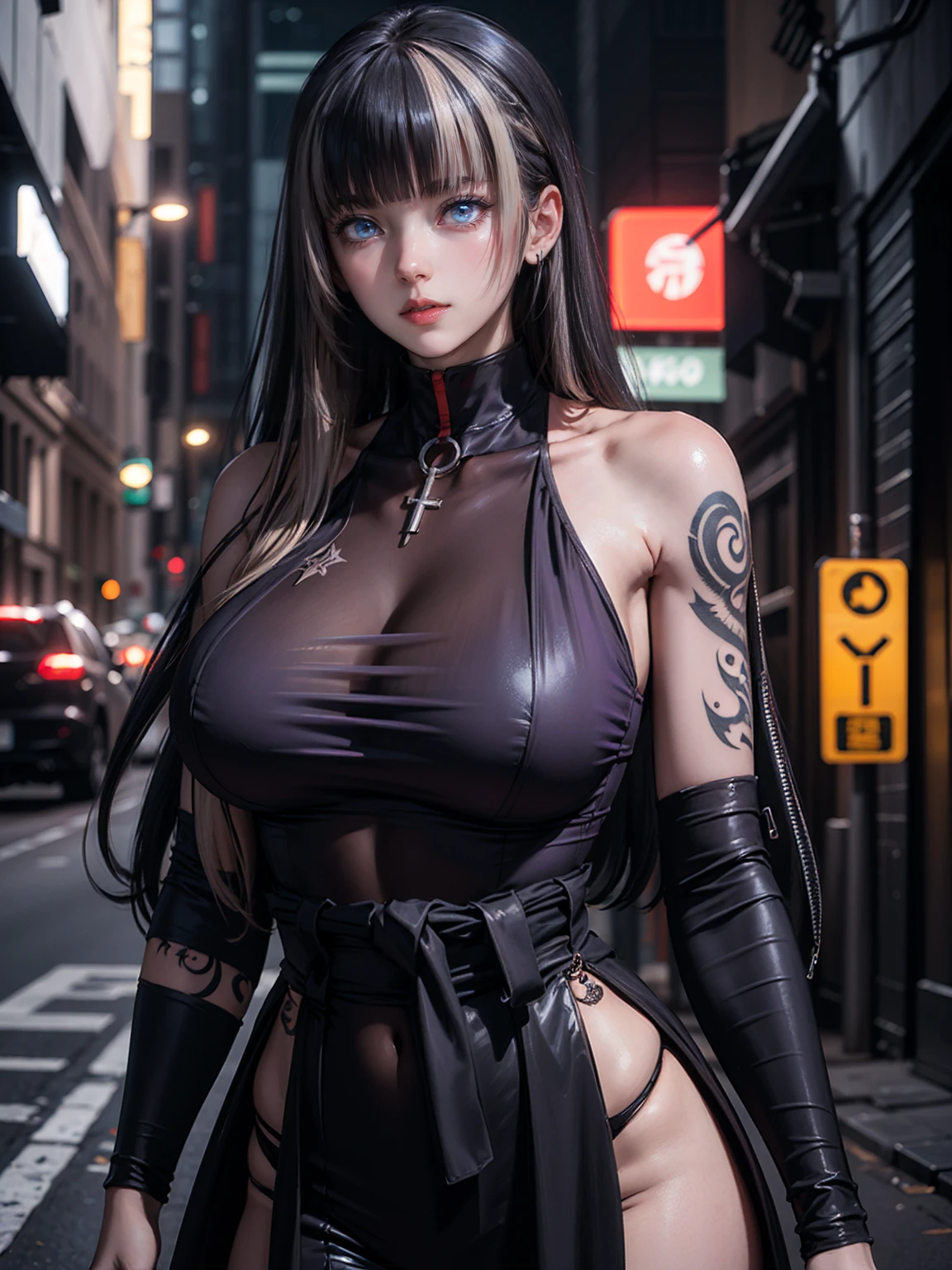 One Girl, Gray Hair, Long Hair, Techwear masterpiece, highest quality, Realistic, Dark purple jacket, Portraiture, fine grain, Platinum Hair, 21 year old girl, Fashion pose, Half Body, Wide Shot, on the road, cyber punk,(((He has many tattoos all over his body)), (((Tight waist))), ((Big Breasts)),(See through)，panties
