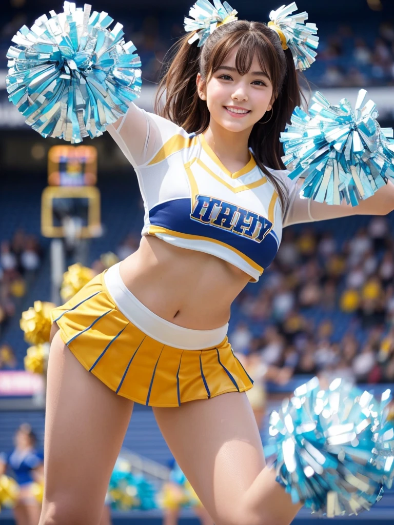 masterpiece,Highest quality,Very detailed,High resolution,(Realistic,photoRealistic:1.37),Excellent anatomy,One beautiful woman,18-year-old,height:152 cm,Blue Cheerleader,(Holding big pom-poms in both hands:1.5),Big smile,cheer leading,Cheerleader uniform,(shape),Micro Pleated Mini Skirt,No underwear,((Very delicate and beautiful)),((Stadium Background:1.2)),Brown Hair,Long Hair,bangs,Very beautiful face,Cute type,Big Natural Color Lip,Small and cute nose,Big and pretty eyes,Brown eyes,Obvious double,Shiny highlight spots around the eyes,Character Focus,Tilt your head,The best light,Best Shadow,mysterious,Perfect Face,Very detailed,Soft Skin,(Glowing Skin,Sweaty:1.3),Beautiful legs,Voluptuous thighs,Plump body,Huge ,(Expresses the roundness and softness of the chest area..........1),Beautiful body,(Perfect Woman),Lift your legs,Skirt flip,Boexy pose,(er dance pose:1.5))