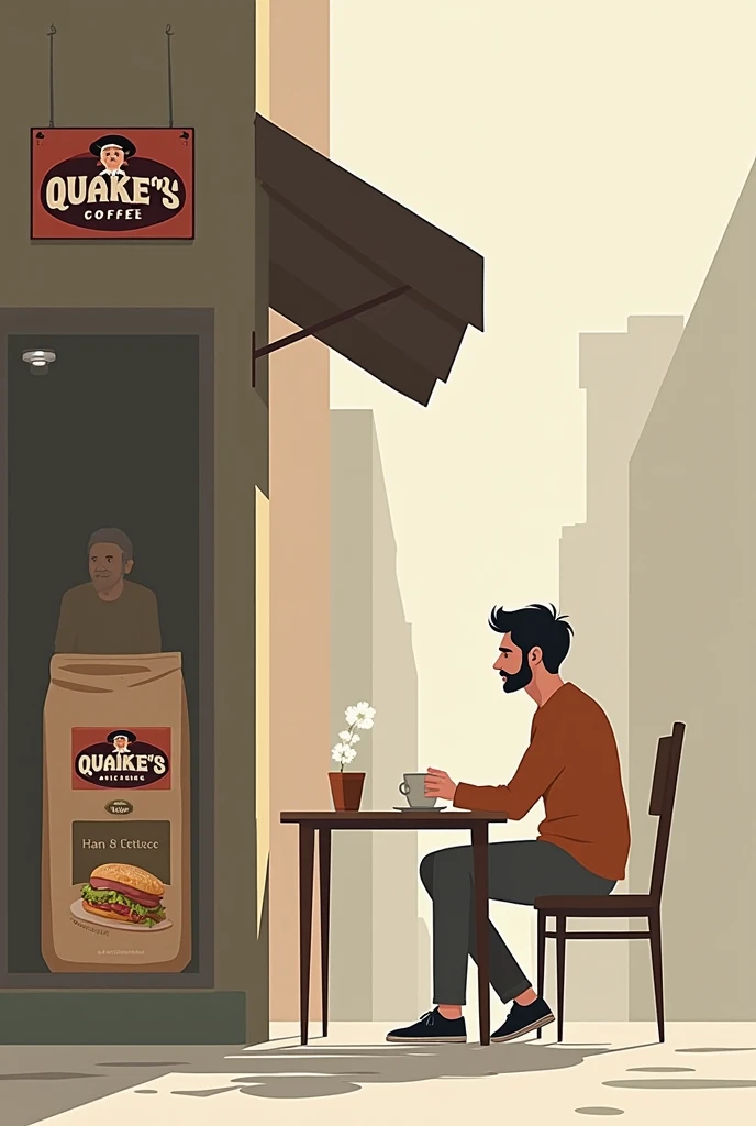 A coffee shop logo, with a ham and lettuce bread, A person sitting with a coffee and a Quaker packaging on the street in the background. minimalist  