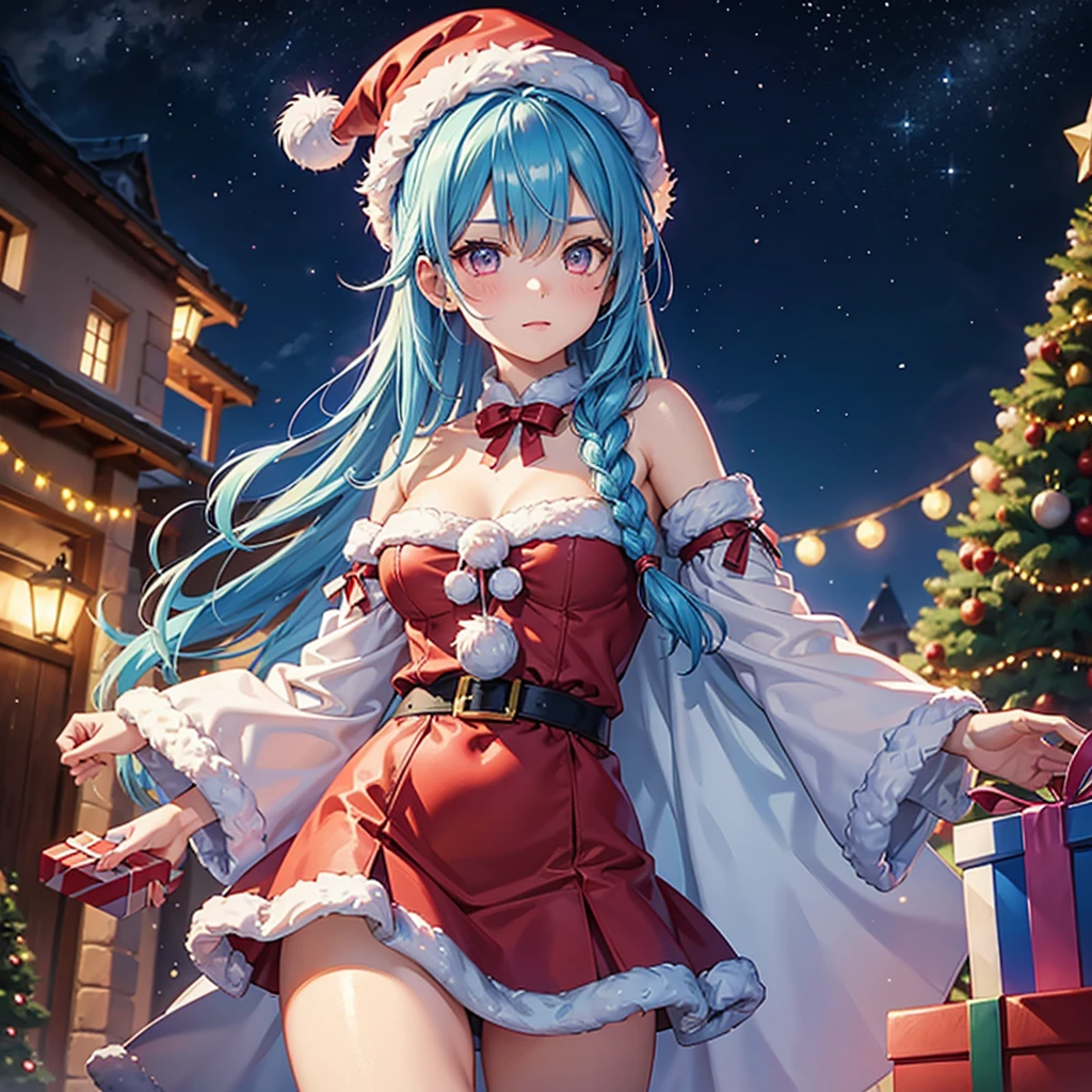 (Sky blue hair),(Braided Hair), (Pink Eyes),Fair skin) ,(whole body),(One Girl),(Gift boxes filling the background),(Santa Claus clothes),Santa Claus hat,(Christmas Party),(masterpiece, Highest quality, Very detailed, Best Shadow), (Detailed Background), (Beautifully detailed face), High Contrast, (Best lighting, Very delicate and beautiful), ((Cinematic Light)), Hyper Detail,8k, Dramatic Light, Intricate details,night,The background is a Western-style castle