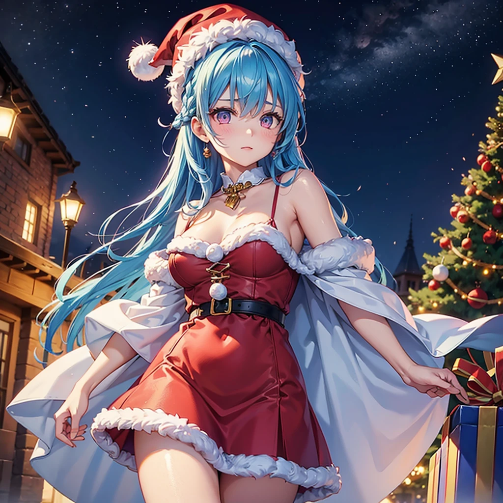 (Sky blue hair),(Braided Hair), (Pink Eyes),Fair skin) ,(whole body),(One Girl),(Gift boxes filling the background),(Santa Claus clothes),Santa Claus hat,(Christmas Party),(masterpiece, Highest quality, Very detailed, Best Shadow), (Detailed Background), (Beautifully detailed face), High Contrast, (Best lighting, Very delicate and beautiful), ((Cinematic Light)), Hyper Detail,8k, Dramatic Light, Intricate details,night,The background is a Western-style castle