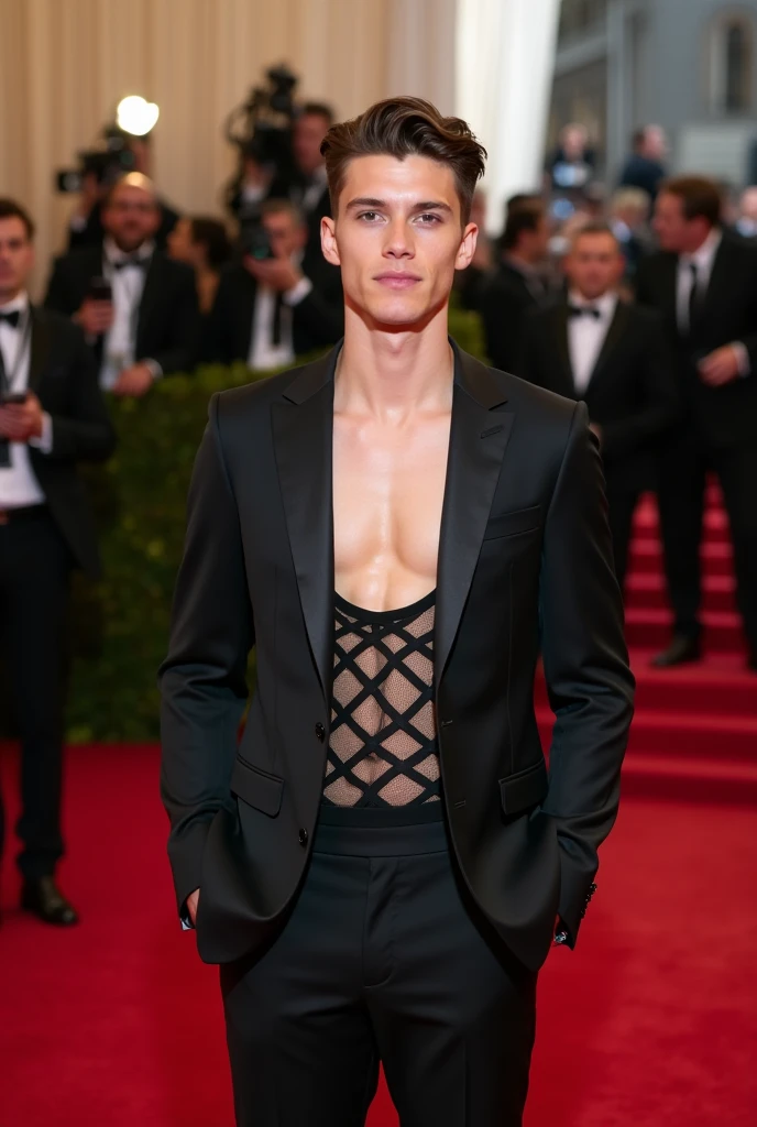 The image shows a man standing on a red carpet, dressed in a black jacket ensemble with a cut-out mesh bustier that shows off her chest.