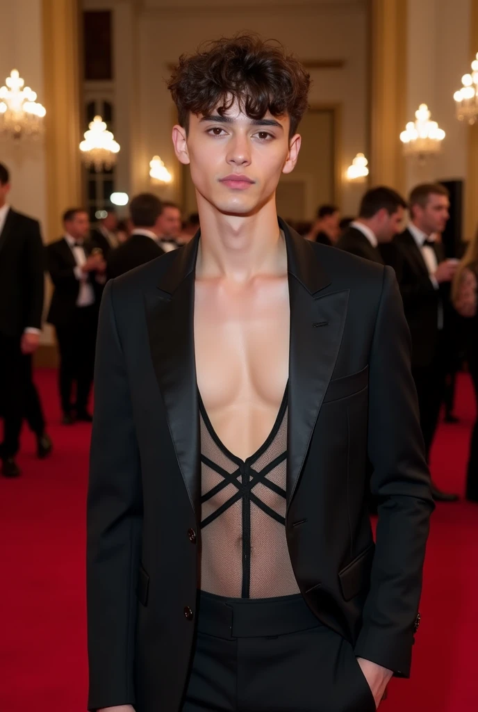 Young cute handsome skinny white face beautiful soft skin shirtless in suit on a red carpet wearing jacket with mesh criss-cross bustier