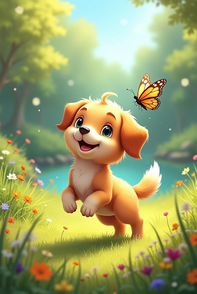 Cute dog playing ground with butterfly