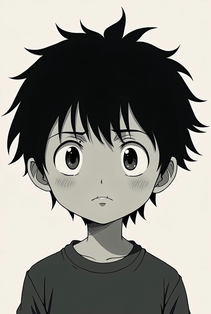 (((ghibli style))) A black and white boy with Japanese features making an annoyed expression