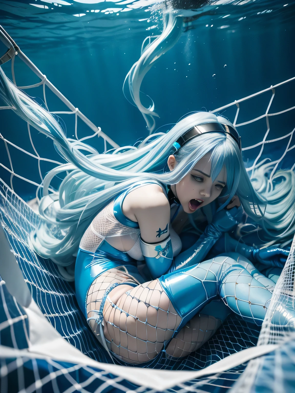 superheroine, long long gorgeous light blue hair, ((trapped in big net)), latex, leotard, blue and white costume, captured, cruelly, painful, helpless, humiliating, regrettable, ((screaming in pain)), falling body, body lying down, choker, in undersea