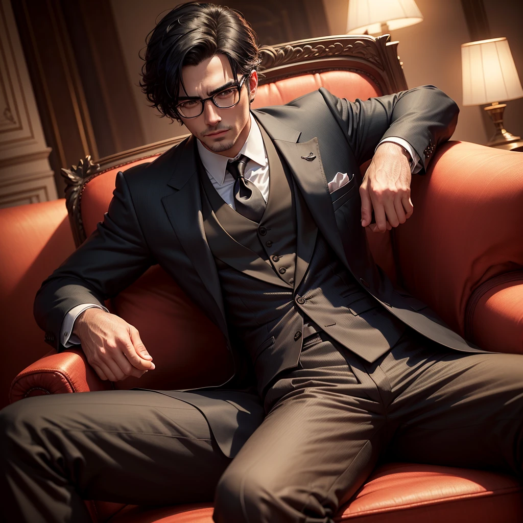 a well-dressed attractive man with black hair and glasses, sitting on a sofa, formal attire, portrait, realistic, photorealistic, 8k, hyperdetailed, cinematic lighting, warm color tones, dramatic, elegant