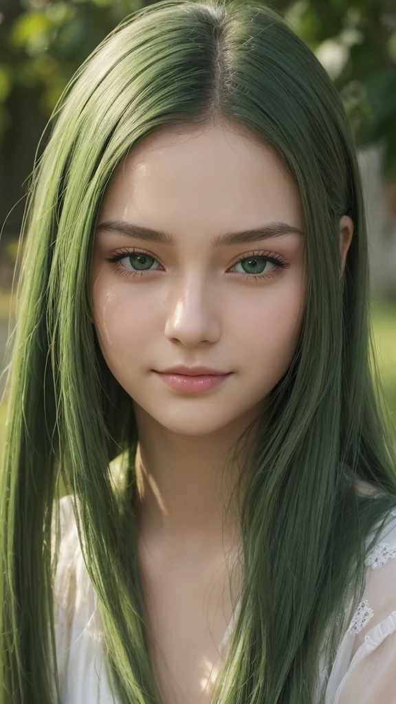 a girl, european, extremely detailed face, oval face, delicate facial features, charming and extremely detailed half-closed eyes, green eyes, long straight and very thick hairstyle, green hair, cheerful mood, soft and gentle expression