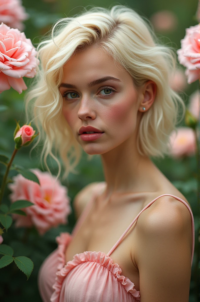 8k, RAW photo, Fujifilm, style photo of a beautiful young woman as avril in a garden of light pink roses (highly detailed skin: 1.2) Style-Petal BREAK short hair, blonde hair with colored locks, wearing a dress, film granulation, 35mm, cute style