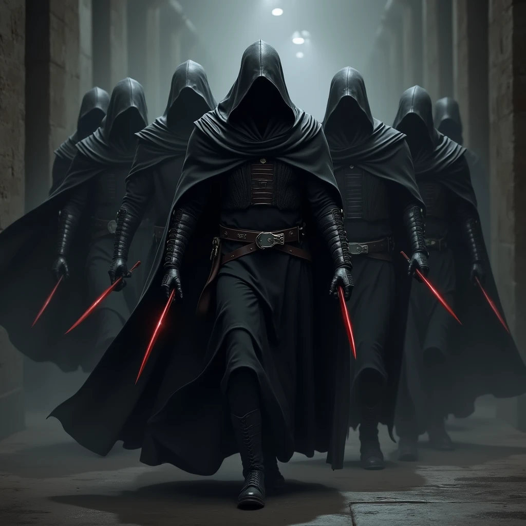 Imperial Assassin Unit, a group with several murderers, Their armor is light and tight fitting. (Black color). Instill fear, Everyone has a dagger in their hands, Each one is in a different position, They all have hoods and capes