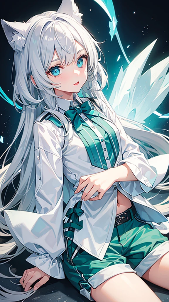 1 girl, silver hair, star eye, blue eye color, Wolf hairstyle, green and white shirt, shortpants