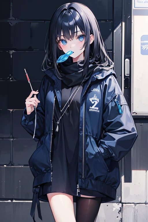 a girl with waist-length straight black hair, dark blue eyes, lollipop in the mouth and wearing loose winter clothes with a blue color palette with black and red details