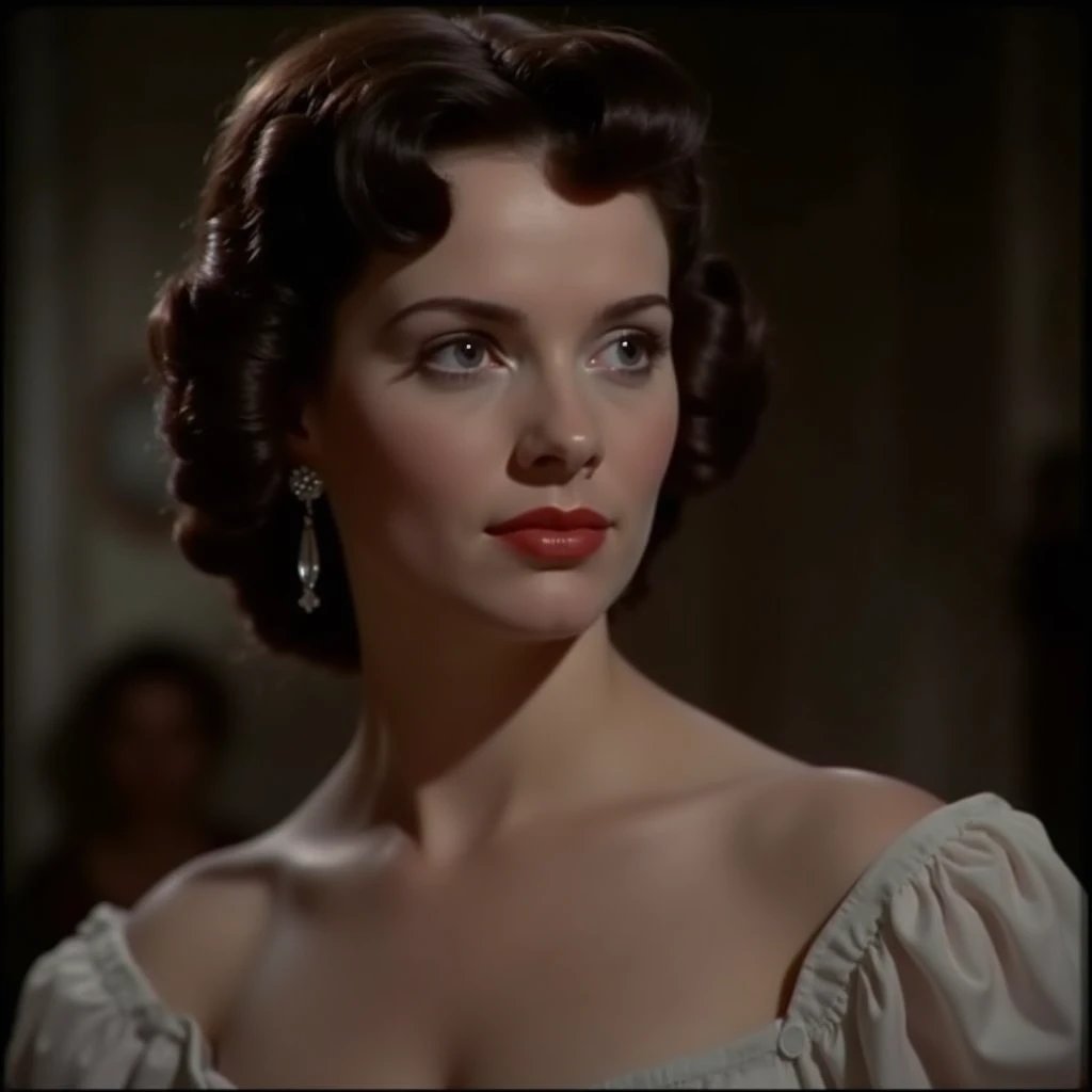 A film grain still frame of a beautiful brunette woman in a Close-up scene from the "Gone with the Wind" (1939 film)
