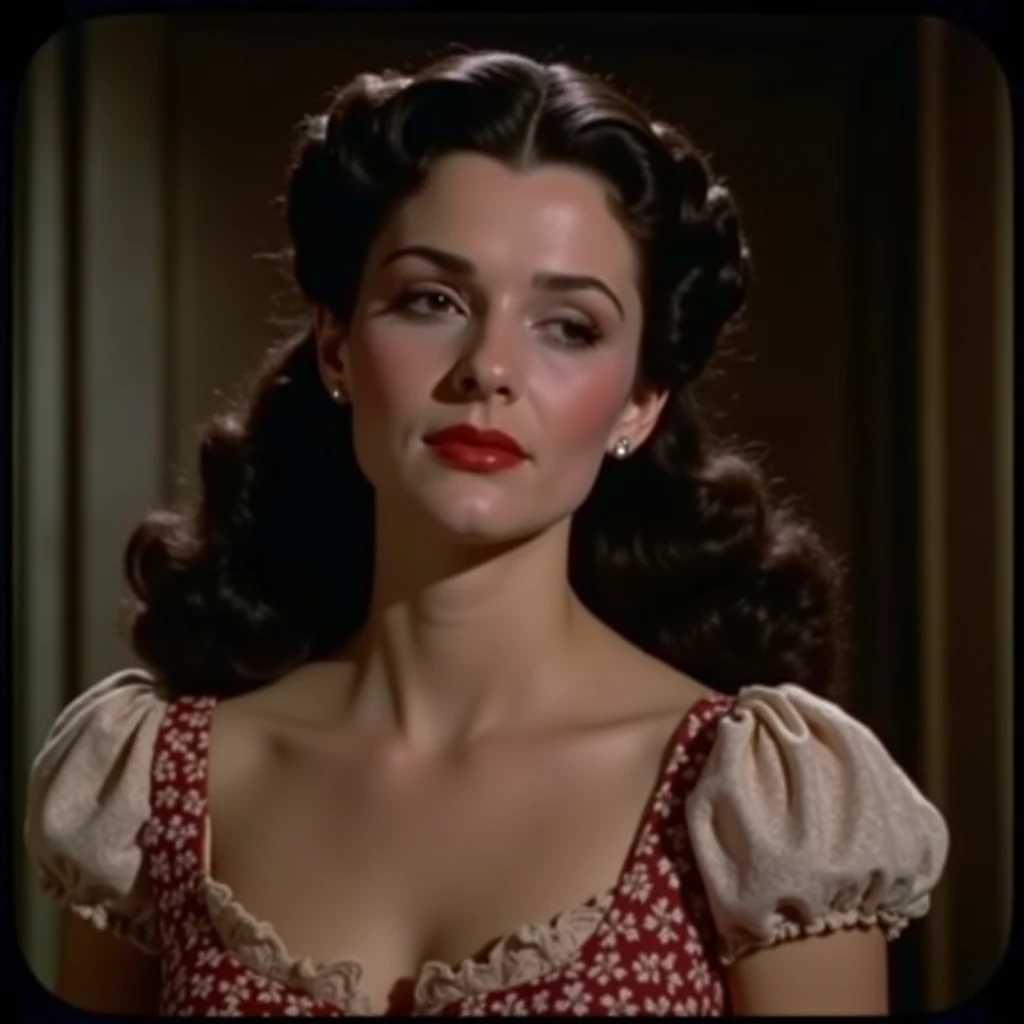A film grain still frame of a beautiful brunette woman in a Close-up scene from the "Gone with the Wind" (1939 film)