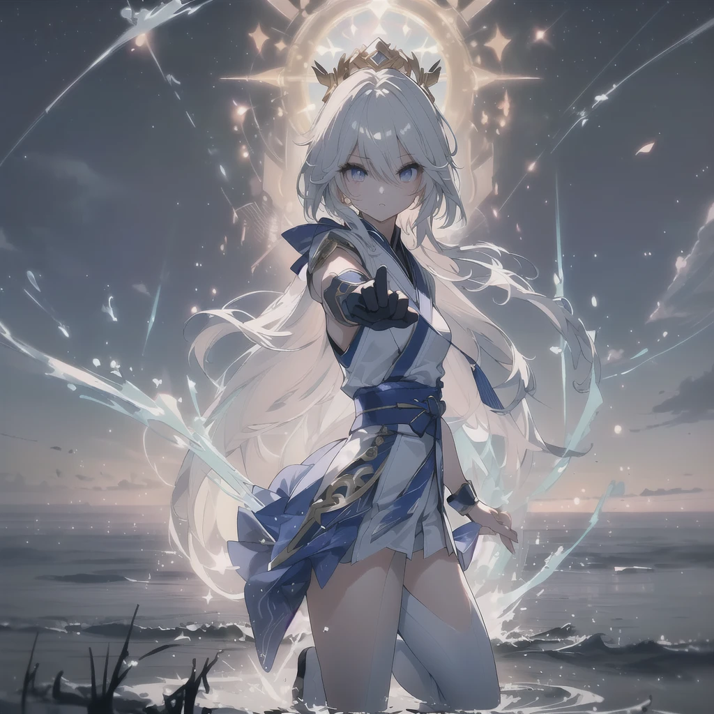 Anime teen girl, wearing ((white half transparent silk robe with some gold on it)), white hair with french braids, wearing white ((medieval)) (transparent) boots, (wearing white transparent water gloves), (light emitting from her body), yellow eyes