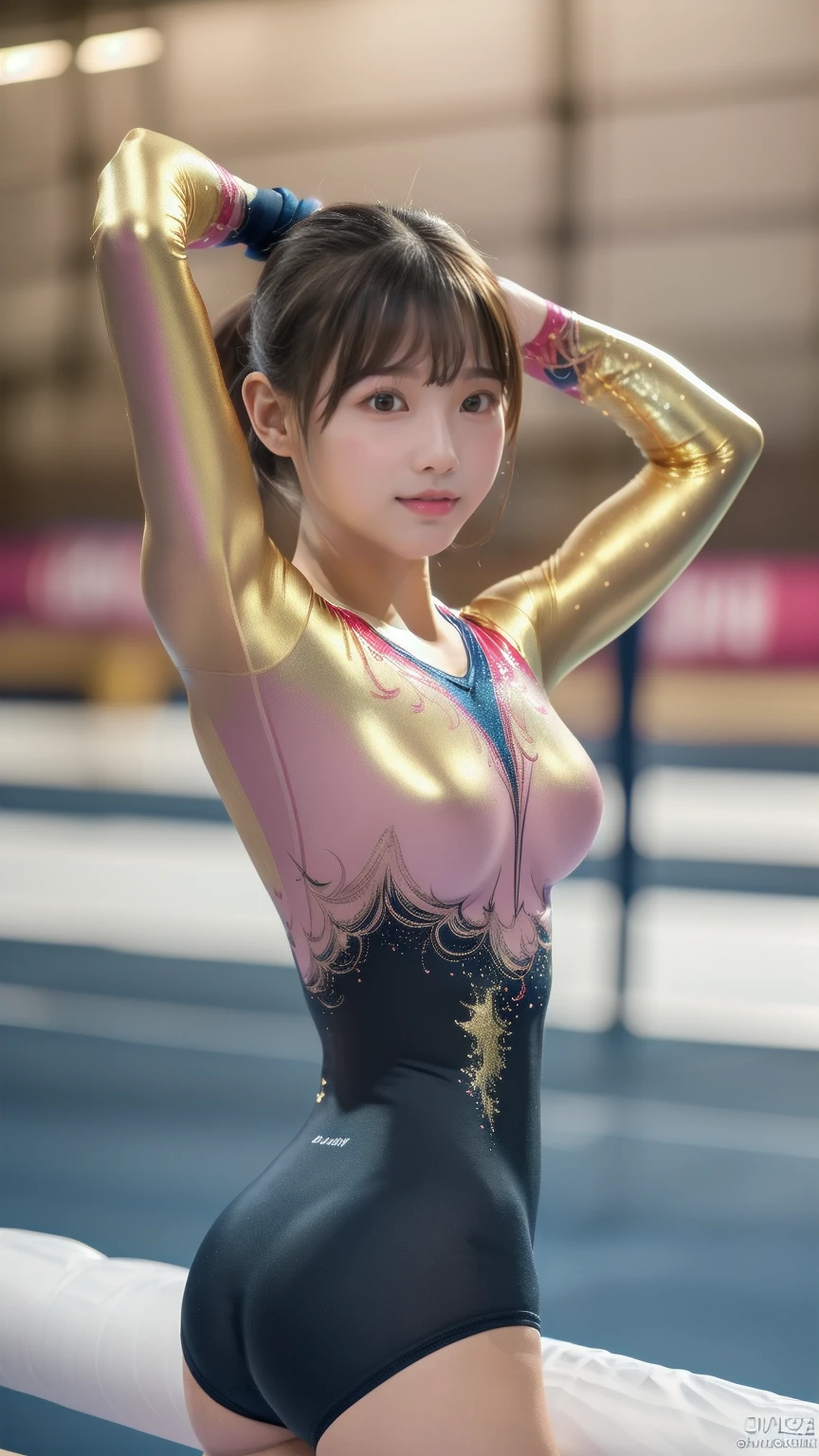 ((indoor, 新Gymnastics competition venues, Gymnastics competition venues:1.3)), (Highly detailed skin, Beautiful realistic face, White skin, Pointed Chest, Small nipples, Perfect Anatomy, Realistic eyes, Natural Eyes, Brown eyes, Accurate eye focus, Accurate limbs), (Hyper Realist, Ultra-realistic, 4K, Attention to detail, Ultra-high resolution, Highest quality, masterpiece, Presence, dynamic, Uplifting, bold, Sharpness), (Thinning hair:2, Soft Hair:2, Straight hair:1.5, Long, slicked bangs, Light copper amber hair, Hair on one eye, Twin tail hair), (Female gymnast, Detailed costume, She wore a tight-fitting long-sleeved leotard.:1.5), Shiny long sleeve leotard, Metallic colors長袖レオタード, Racing long sleeve leotard, ((High leg long sleeve leotard, Long sleeve leotard with crystal embellishment)), ({Metallic red color| Metallic purple color| Metallic white color| Metallic navy color| Metallic pink color| Metallic gold color| Metallic silver color| Metallic black color| Metallic colors}Long sleeve leotard colors), (Big Breasts:1.5), Tall, Elongated arms and legs, Small waist, Small hips, The long-sleeved leotard is digging into her butt, With legs spread, barefoot, Full body portrait, Showing the whole body, looking at the camera, Looking into the camera, smile, (Underhair does not grow),