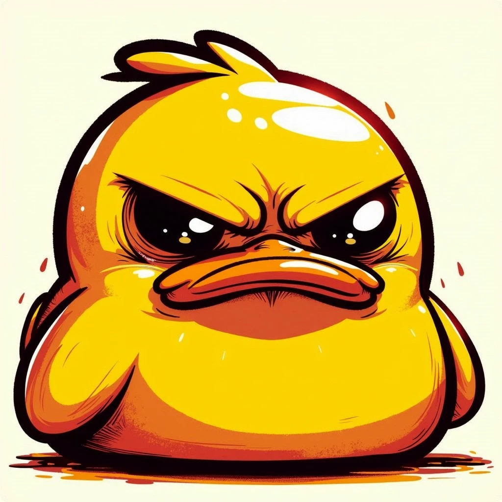 frumpy pouting upset unhappy rubberduck, juxtaposed by the silly adorable too cute precious kitten smiling and photobombing, wordless meme,