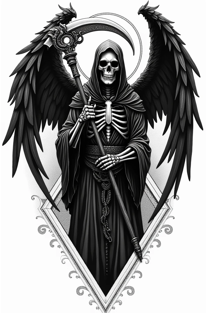 black and white tattoo. Death with scythe and raven wings. look ahead . geometry. terror . Details tunic. Egr


