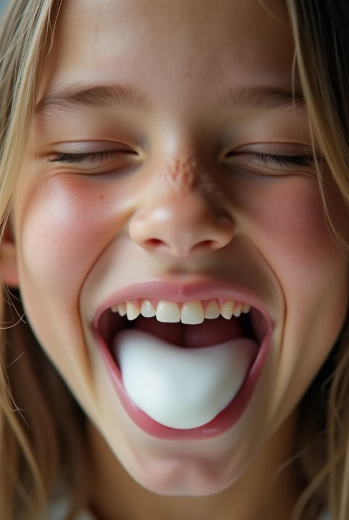 closeup of a female ’s face, mouth very wide open and smiling, eyes closed, long hair, mouth full of milk, extreme skin detail, photorealistic, 8k, wallpaper, viewed from above