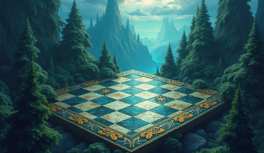Create a chessboard. incorporating elements of a fantasy landscape. Use intricate, magical designs for the squares, such as enchanted forests, mystical mountains, and glowing rivers. The borders should feature ornate, mythical symbols, and the overall color scheme should evoke a mystical, otherworldly atmosphere with deep blues, greens, and purples.