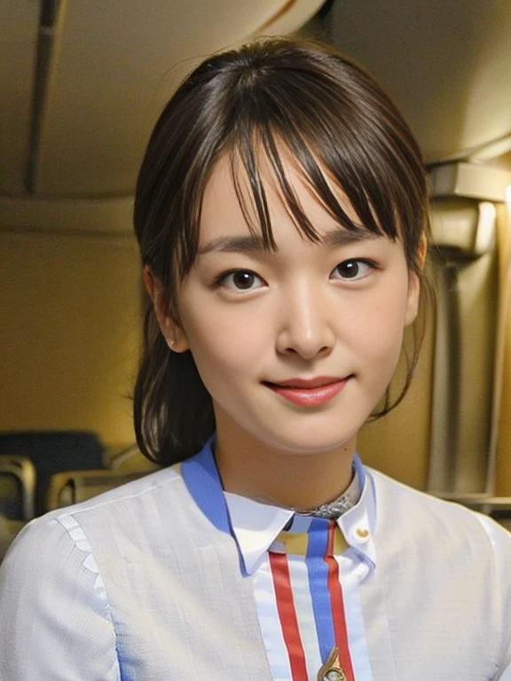 (Masterpiece, Best quality:1.4), (Ultra realistic, Photo-realistic:1.2), Natural light, 25 years old actress, Japanese women, Neat and clean, (cabincrew uniform:1.1), (ponytail:1.1), Short wavy hair, Light brown hair color, (Beautiful Face), Oval face, clear, (Beautiful eyes, Kind eyes), (Clear skin), Small face, (Small mouth, Beautiful mouth), Natural makeup, Approachable, Luxury hotel Suite room, On bed, (nsfw:1.3), Seductive smile, (Seductive pose:1.3), (Beautiful thighs:1.1), Bedroom eyes, Group photo