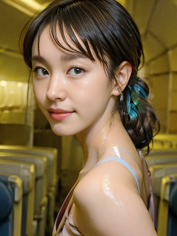 (Masterpiece, Best quality:1.4), (Ultra realistic, Photo-realistic:1.2), Natural light, 25 years old actress, Japanese women, Neat and clean, (cabincrew uniform:1.1), (ponytail:1.1), Short wavy hair, Light brown hair color, (Beautiful Face), Oval face, clear, (Beautiful eyes, Kind eyes), (Clear skin), Small face, (Small mouth, Beautiful mouth), Natural makeup, Approachable, Luxury hotel Suite room, On bed, (nsfw:1.3), Seductive smile, (Seductive pose:1.3), (Beautiful thighs:1.1), Bedroom eyes, Group photo