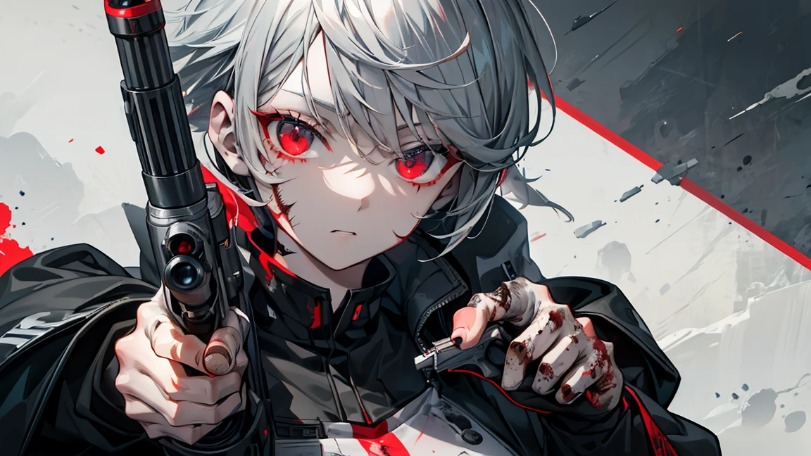 Handgun、((Aim the gun at the camera))、((Upper Body))、((Gray Hair))、(((((gun))))),((((Pointing the gun this way))))（Covered in blood）、Clothes full of scratches、((Scarred Face))、Red-black eyes、Detailed eyes、Scorched black clothes、((Detailed hands))、high resolution、Detailed picture、Beautiful painting、Cold look、masterpiece, best quality, detailed beautiful face and eyes,detailed beautiful face,and eyes