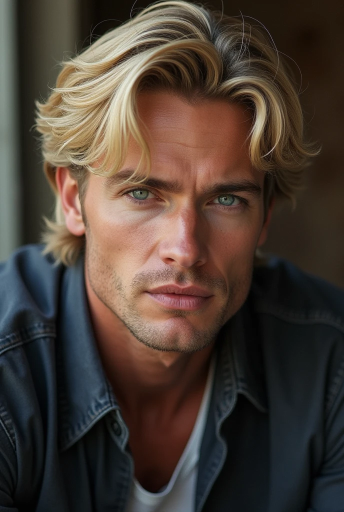 (photorealism:1.2), man,  Blonde, Gray-blue eyes, Smirk, sly smile