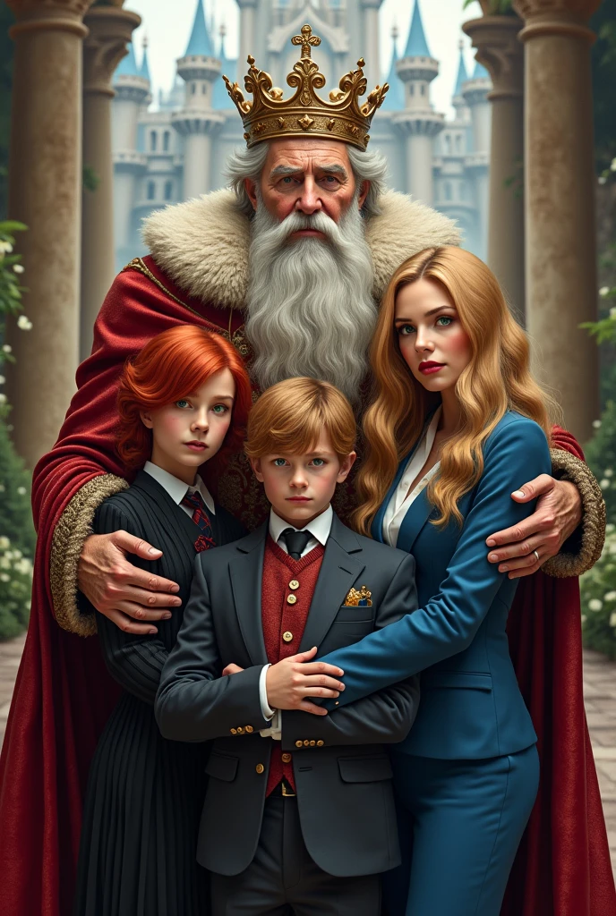 65 year old man, wardrobe of a king ,with a beard hugging two -yeld bo A young redhead in a black dress and green eyes, the other young blonde with brown eyes wearing a blue pantsuit, Princess , background of a princess castle