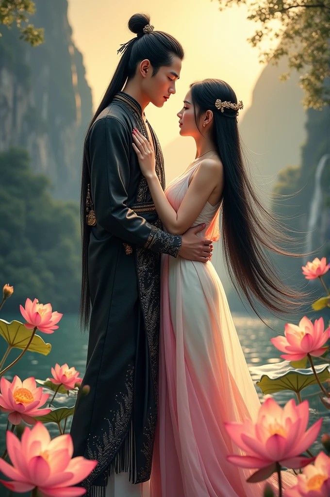 full lenght, full body picture of a handsome young man, sharp and strong in a Thai style, with long black hair tied loosely, with a faint mustache, wearing a black Thai dress with silver and gold sparkles, a gold amulet around his arm, embracing a beautiful young woman in a white and pink Thai dress, with long black hair, with pink and orange lotus flowers around, glowing and shimmering, a masterpiece of art, seen in all directions, glowing and shimmering beautifully, with a Thai Naga, a beautiful mountain and waterfall scene, a three-dimensional picture, an oil painting, an art picture by Ajarn Chalerm Chai
