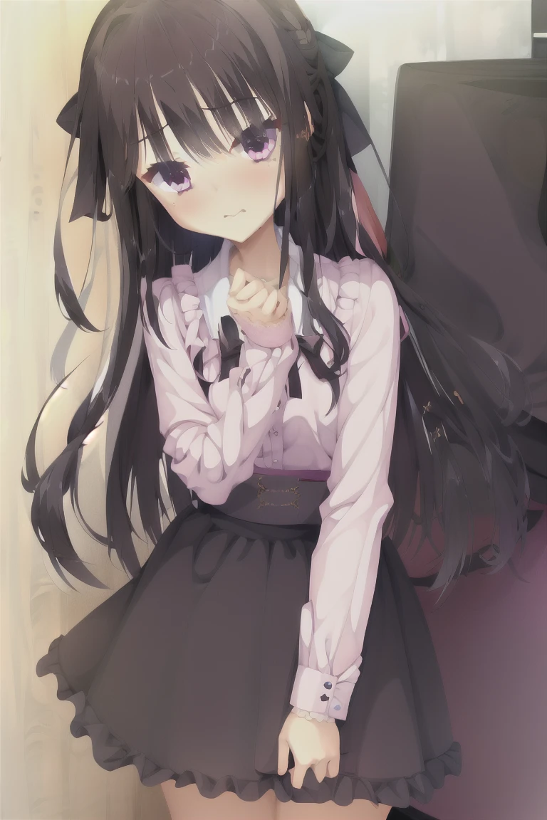 1girl,独奏,blush,long_hair,blush,bangs,skirt,shirt,black_hair,long_sleeves,bow,very_long_hair,purple_eyes,hair_bow,frills,puffy_sleeves,collared_shirt,black_skirt,bag,two_Side_up,dress_shirt,black_bow,depth_of_field,lace_trim,puffy_long_sleeves,pink_shirt,emphasis_lines,jiraikei_fashion,indoor,(skirt_lift:1.3),black_panty,whole body, expensive_solve, clear_image, expensive_Contrast, 8k, Sparkling, beautiful_detailed_face_and_eye, (Black Hair:1.25), 白 eye,