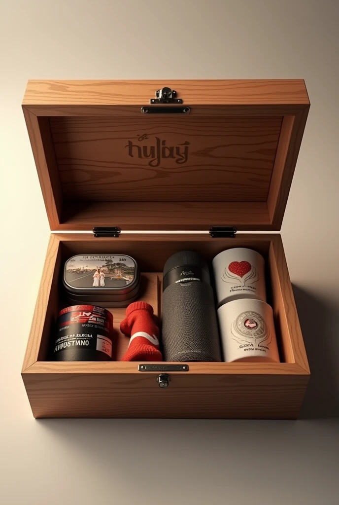 open wooden box, view from above, Inside there are photographs of a movie ticket, a plane ticket, five different bracelets, plain engagement rings, a photograph of two men (sergio Pérez y max Verstappen) at a christmas dinner, as well as on the inside of the lid it has its initials engraved ( s & m) next to a heart