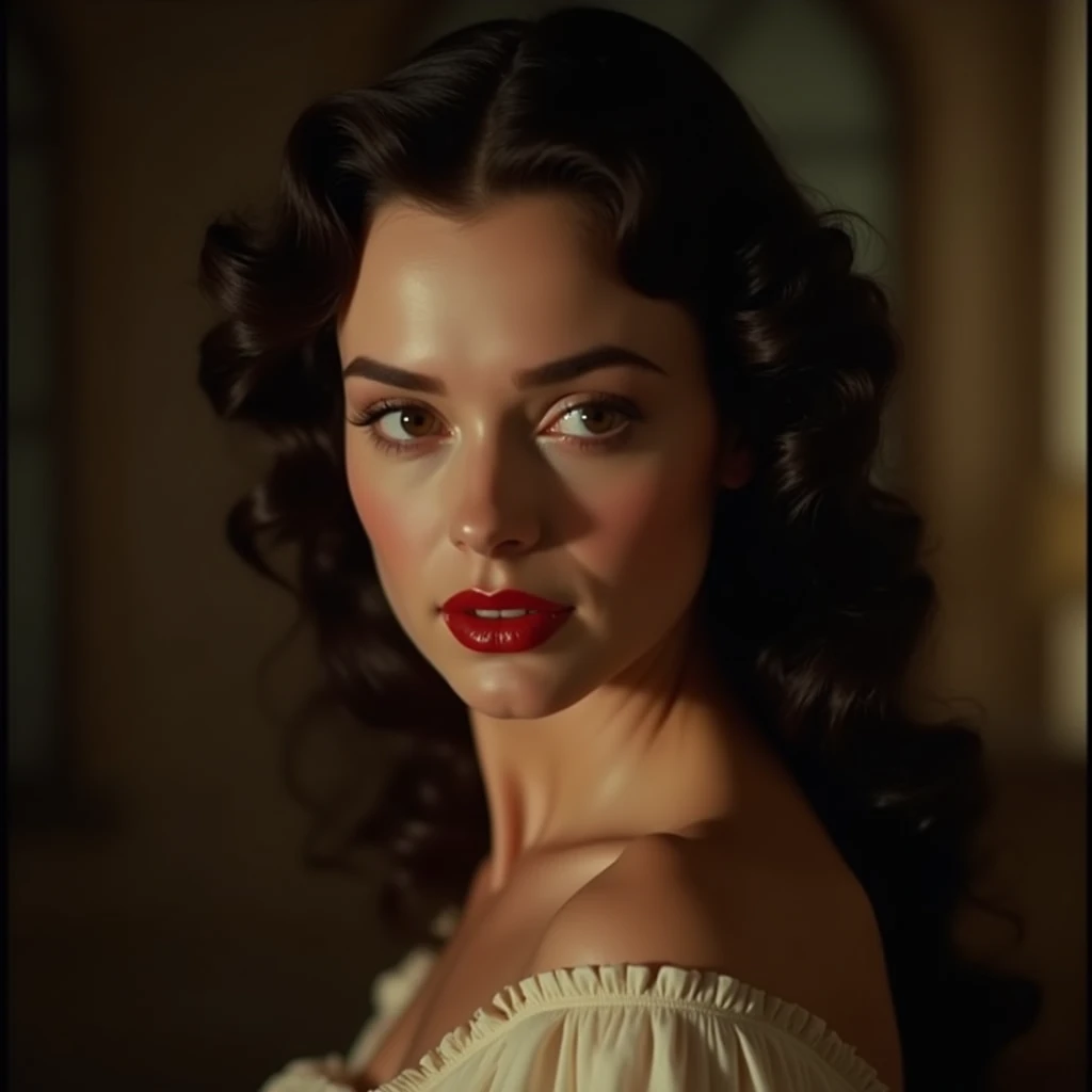 a beautiful brunette woman in a close-up scene from "gone with the wind" (1939 film), film grain, cinematic lighting, dramatic shadows, chiaroscuro, high contrast, warm tones, intense gaze, delicate facial features, flowing hair, 1930s fashion, period accurate styling, (best quality,4k,8k,highres,masterpiece:1.2),ultra-detailed,(realistic,photorealistic,photo-realistic:1.37)