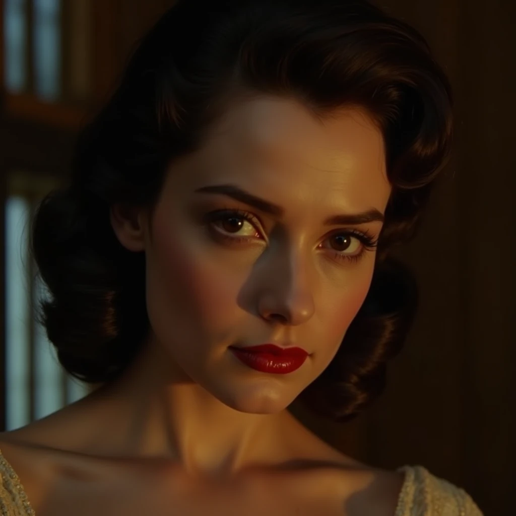 a beautiful brunette woman in a close-up scene from "gone with the wind" (1939 film), film grain, cinematic lighting, dramatic shadows, chiaroscuro, high contrast, warm tones, intense gaze, delicate facial features, flowing hair, 1930s fashion, period accurate styling, (best quality,4k,8k,highres,masterpiece:1.2),ultra-detailed,(realistic,photorealistic,photo-realistic:1.37)