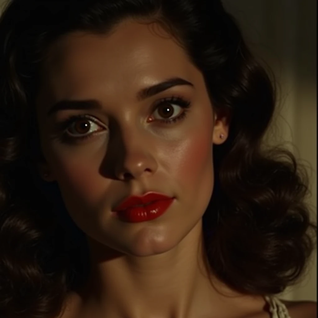 a beautiful brunette woman in a close-up scene from "gone with the wind" (1939 film), film grain, cinematic lighting, dramatic shadows, chiaroscuro, high contrast, warm tones, intense gaze, delicate facial features, flowing hair, 1930s fashion, period accurate styling, (best quality,4k,8k,highres,masterpiece:1.2),ultra-detailed,(realistic,photorealistic,photo-realistic:1.37)
