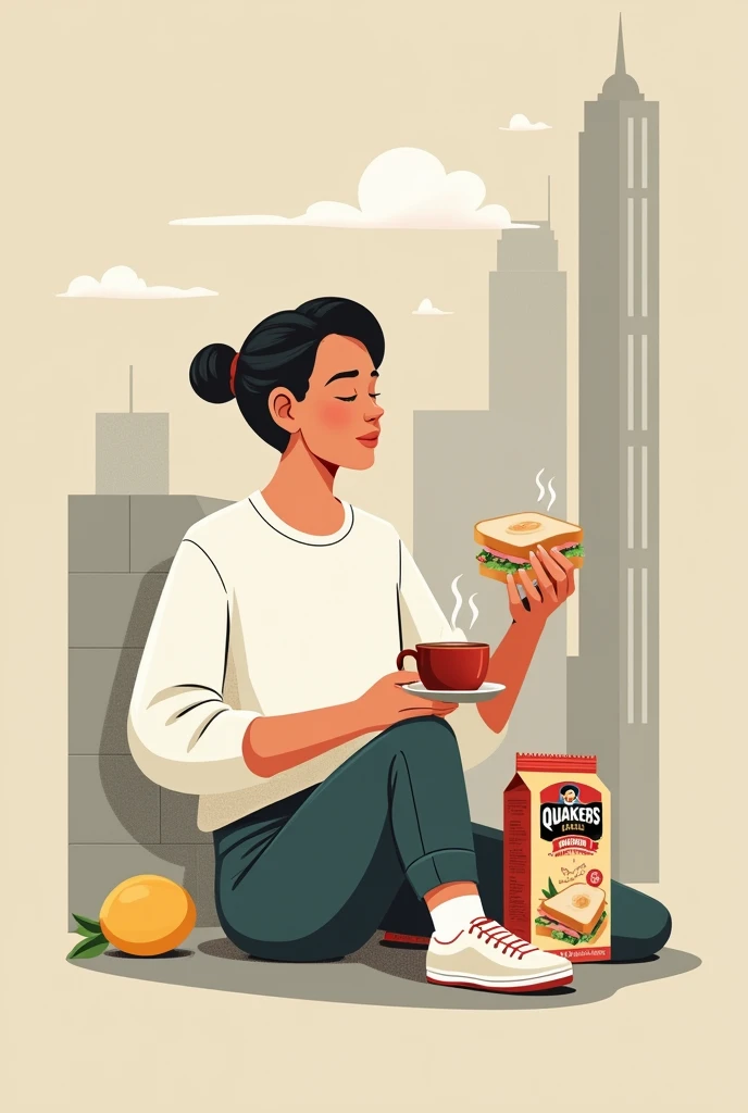 a ham and lettuce bread, A person sitting with a coffee and a Quaker packaging on the street in the background. Minimalistic for a coffee shop logo