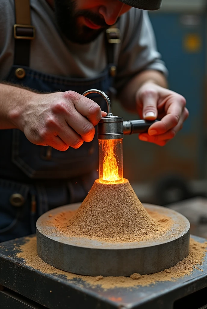 Create an image showing the creation of an aluminum keychain from a sand mold