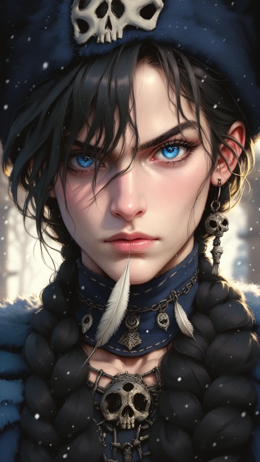 absurdities, High resolution, ultra detailed, HdR, masterpiece, Extremely detailed face and eyes, semi-long blonde hair, bushy eyebrows, serious, blue eyes, detailed eyes, LOOKING AT THE SPECTATOR, 1 man, white fur coat, blue viking clothing, masculine, sorcery clothing, snow background, background skulls, toned chest, Complete plan,photorealistic, 8k