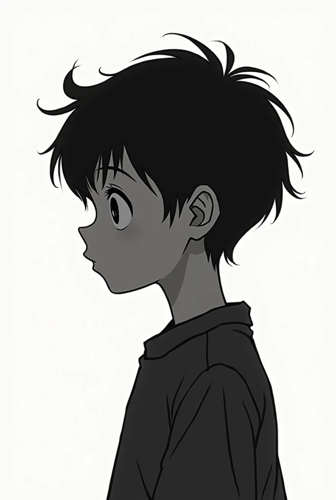 (((ghibli style))) a black and white boy with slanted eyes looking in profile