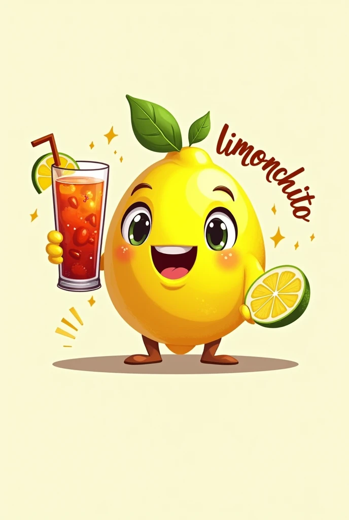 Make me a logo of an animated lemon holding a michelada that says limonchito