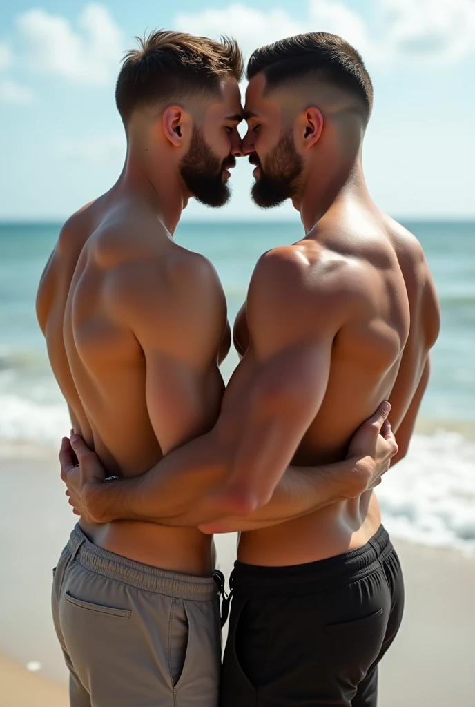 Two handsome muscular boys romantically hugging each other, realistic, at the beach, short beard ((shirtless)), fade haircut, fully naked backside, fingering his asshole (((big butt))), realistic asshole, realistic ass, sensual pose