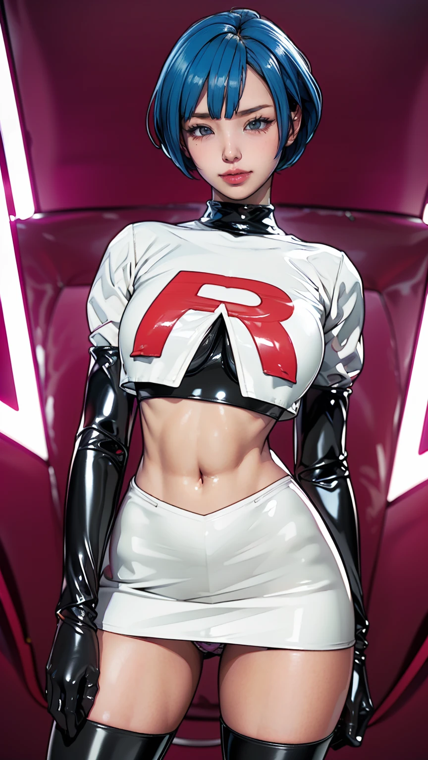 (masterpiece, Highest quality, In 8K, Very detailed, High resolution, Realistic:1.2), (Accurate Team Rocket uniforms drawn in latex material:1.3), (smilingly, Narrow-eyed Japanese face:1.2), (Blue Hair, Hairstyle is bowl cut:1.2), (Cowboy Shot, Shooting from below:1.3), (20 year old Japanese woman:1.2), (Shorten your skirt:1.3), (Black patent leather gloves, Black patent leather long boots:1.2), (Upper body is thin:1.4), (flattening the chest, Enhance the nipples:1.2), (Thicken your thighs:1.3), (Small waist, Wriggle your hips:1.2), (Panty shot, Black latex panties:1.3)