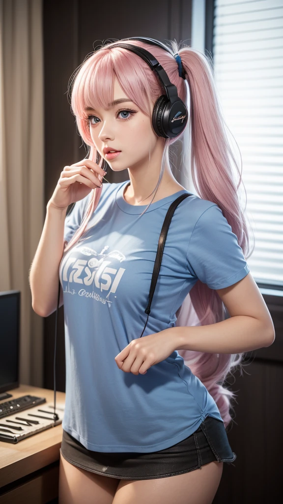 (A beautiful girl wearing a blue T-shirt, a red checked miniskirt, and a yellow backpack is wearing headphones and singing in front of a fixed microphone in a recording studio, and is posting a picture of her on social media.) (This beautiful girl is 17 years old, 18% Japanese, 26% French, 56% Ukrainian, 178 cm tall, has a small bust but a good figure and a beautiful, well-balanced figure.) (Her hair is pink ash gray and very long, tied in twin tails with black ribbons, and curls in a spiral toward the ends.) (Her eyebrows are the same color as her hair, thin, slightly thick, and short, and her eyelashes are long.) (Her big blue eyes reflect the light of the lighting and are amazingly beautiful like pearls.) (Her nose is high like an English person, her lips are plump and shaped so that you want to kiss them, her skin is translucent white, and the balance between her head and face is traditionally Japanese.) Aesthetics. The number of fingers is also noteworthy, but not too many or too few, and is expressed very delicately. (Single, Masterpiece, Ultra Detailed, Highest Quality, Artistic Composition, Ultra Accurate, Realistic, Photorealistic, High Resolution, Dynamic Lighting Effects, Golden Ratio, Ultra Realistic). Try to emphasize facial expressions and features. Do your best to meet all these criteria.