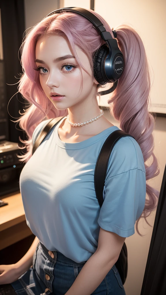 (In the recording room of a recording studio, a beautiful girl wearing a blue T-shirt, a red checked miniskirt, and a yellow school bag is wearing headphones and singing in front of a fixed microphone, and is posting a picture of her on SNS.) (This beautiful girl is 17 years old, 18% Japanese, 26% French, 56% Ukrainian, 178 cm tall, has a small bust but a good figure and a beautiful, well-balanced figure.) (Her hair is pink ash gray and very long, tied in twin tails with black ribbons, and curls in a spiral toward the ends.) (Her eyebrows are the same color as her hair, thin, slightly thick and short, and her eyelashes are long.) (Her big blue eyes reflect the light of the lighting and are amazingly beautiful like pearls.) (Her nose is high like an English person, her lips are plump and shaped so that you want to kiss them, her skin is translucent white, and the balance between her head and face is traditional Japanese.) Aesthetics.) The number of fingers is also noteworthy. Not too many, not too few, and very delicately expressed. (Single, Masterpiece, Ultra Detailed, Top Quality, Artistic Composition, Ultra Precision, Realistic, Photorealistic, High Resolution, Dynamic Lighting Effects, Golden Ratio, Ultra Realistic). Try your best to meet all these criteria.