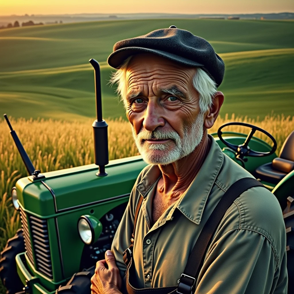 A peasant man of about 55 years old wearing a black beret in a vast field with a golden sunrise in the background and a tractor next to him, hyperrealistic, ultra HD, cinematographic, intricate details, well detailed face, 64k
